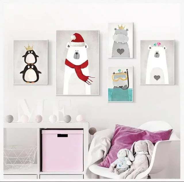 Potdemiel HD-Leinwand-Wandkunst mit Tierporträts Nilpferd Pinguin und Eisbär in Mehrfarbig, modernes Wanddekor für Wohnzimmer und Schlafzimmer - Bild 1