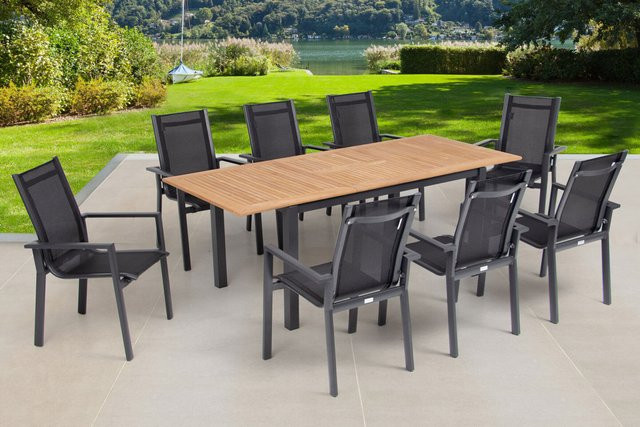 OUTFLEXX Garten-Essgruppe aus Aluminium, Teakholz und Textilene in Anthrazit Matt mit Ausziehtisch und 8 Stapelsesseln - Bild 1
