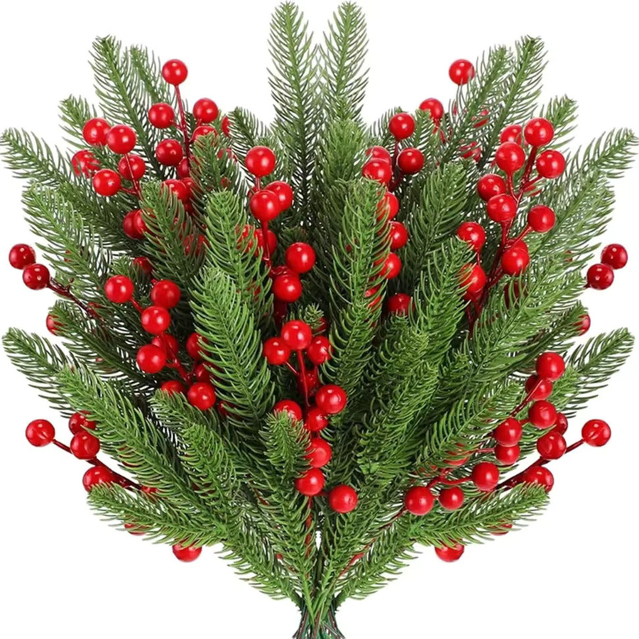 XIAOYINMO Künstliche Pflanzen mit roten Holly-Beeren für Weihnachts-Kränze und Dekoration, Rot/Grün - Bild 2