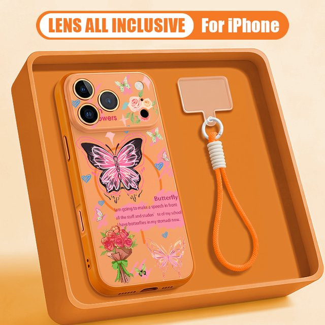 MOESOE Magnetische Lanyard-Handyhülle mit Schmetterlingsmuster für iPhone 17 Pro Max, 16, 15, 14, 13 Pro Max, MagSafe kompatibel, Hartschale, Schwarz/Mehrfarbig - Bild 1