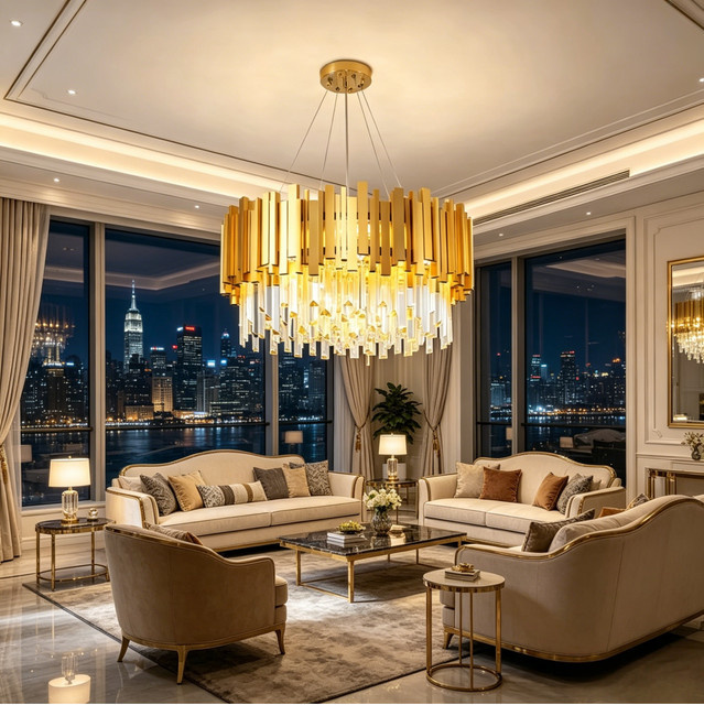 RRBEST Moderner Kristall-Kronleuchter in Gold/Messing, Runde K9-Pendelleuchte mit 9 E14 Fassungen und verstellbarer Kette für Wohnzimmer, Schlafzimmer oder Esszimmer - Bild 1