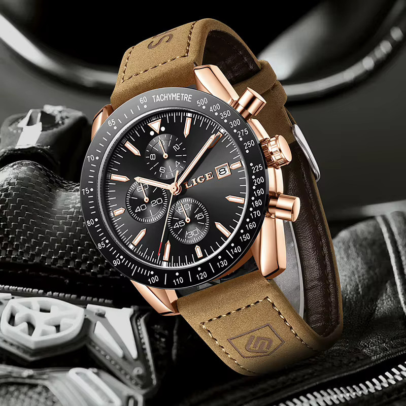 LIGE Chronograph, Quarz, Leder, Gold, Herren - Bild 4
