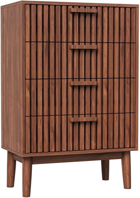 PXloue Massivholz Kommode mit 4 Schubladen in Walnuss Braun für Schlafzimmer und Wohnzimmer - Bild 1