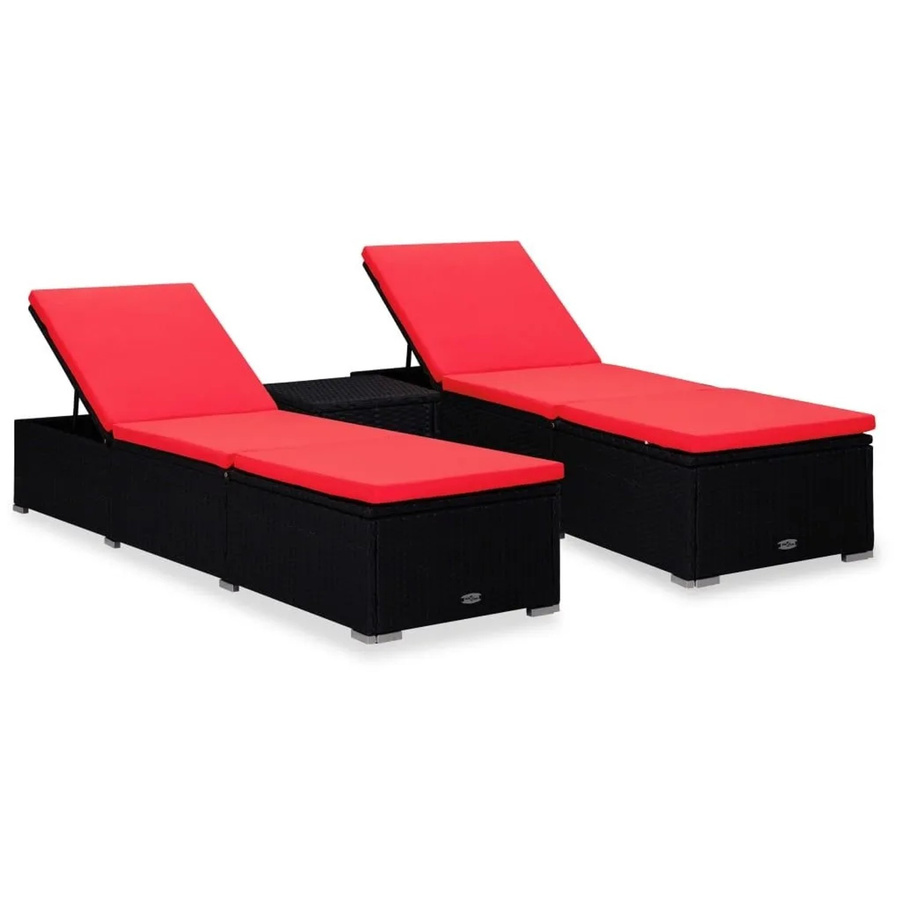 Furnicato 3-tlg Garten-Sonnenliegen Set mit Teetisch aus PE-Rattan in Schwarz mit UV-beständigen Polyester-Auflagen, B/T/H: 195 x 60 x 31 cm und 40 x 40 x 40 cm - Bild 2