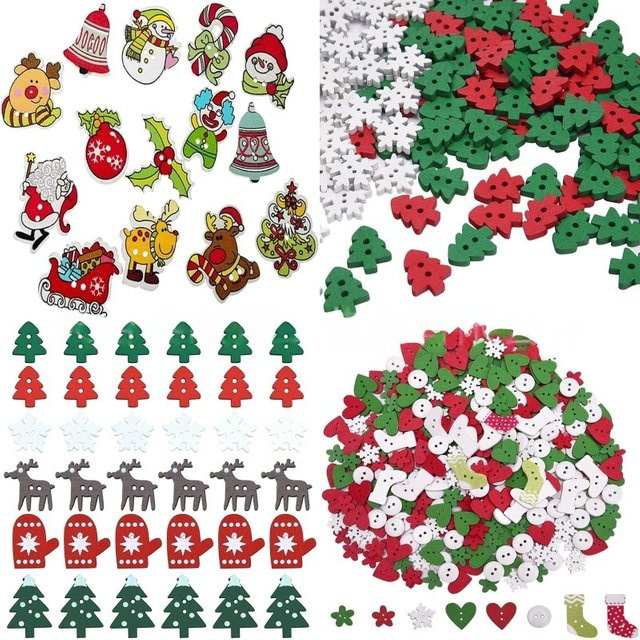 50er Set Weihnachts Knöpfe aus Holz in Multicolour für DIY Bastelprojekte und Nähen - Bild 1