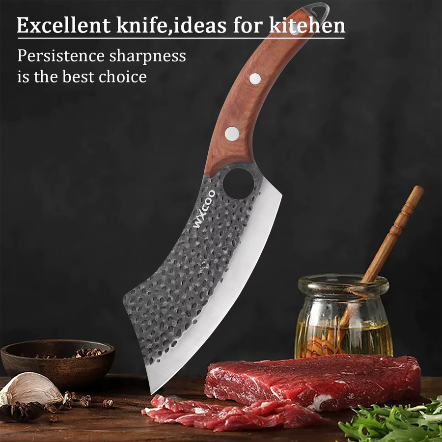 WXCOO Handgeschmiedetes Metzgermesser aus Edelstahl mit Holzgriff und integriertem Flaschenöffner als Multifunktions-Küchenmesser für Fleisch und BBQ - Bild 2