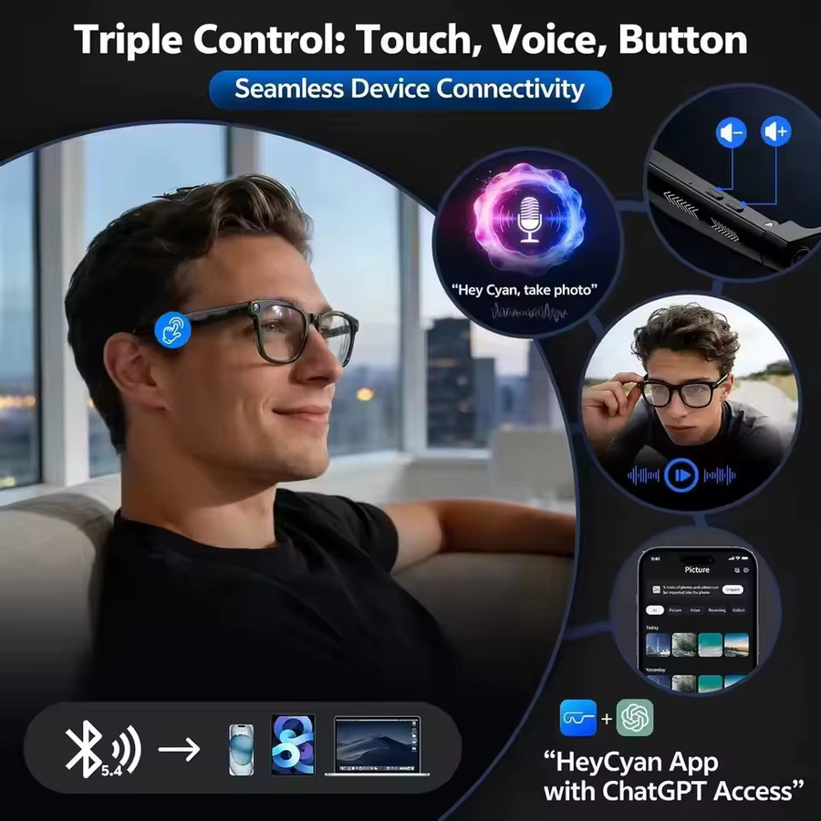 GUHUAVMI KI-Smart-Brille mit 4K Video Kamera, ChatGPT, KI-Übersetzung, Musikplayer und Anruffunktion, wasserdicht, Schwarz - Bild 2