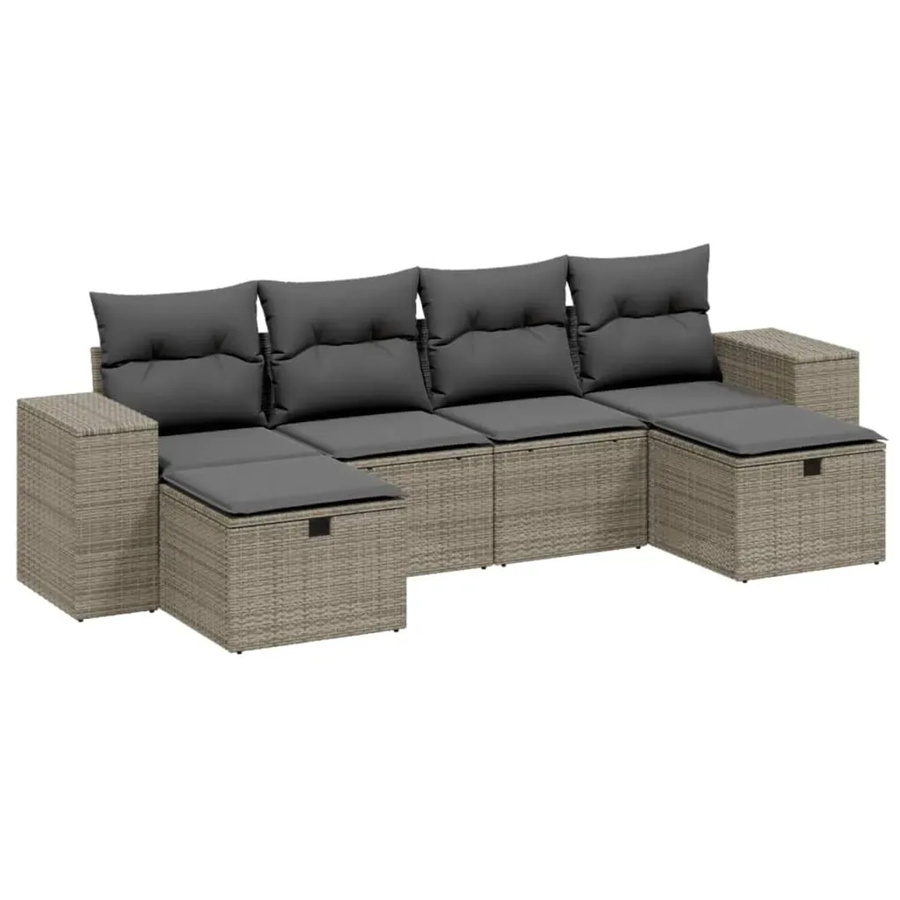 vidaXL 6-teilige Garten-Sofagarnitur in L-Form mit Polsterkissen, Grau, Poly-Rattan und Metallgestell - Bild 2