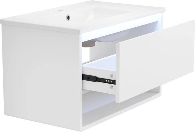 PXloue Wandhängender Waschtischunterschrank mit LED und Schublade in Weiß, B/T/H: 76,5 x 46,0 x 76,0 cm - Bild 1