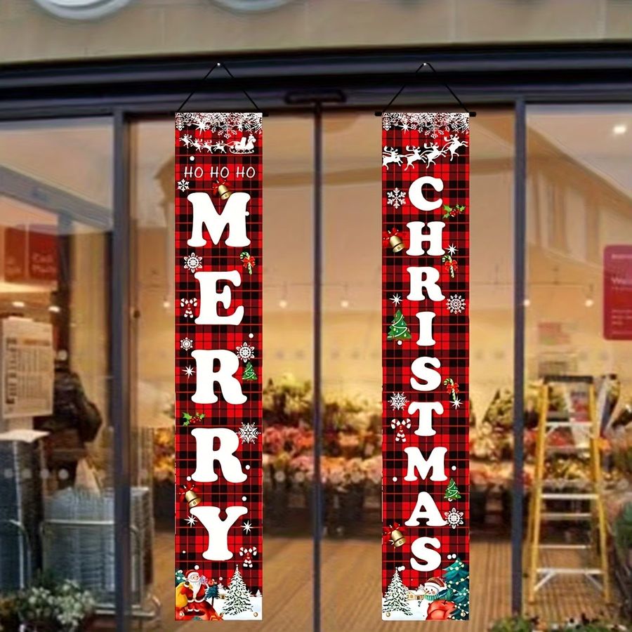 VIKAMA Weihnachts-Tür-Wandteppich in Rot und Schwarz, kariertes Banner im Vintage-Stil zur Weihnachtsdekoration, B/H: 180 x 30 cm - Bild 4