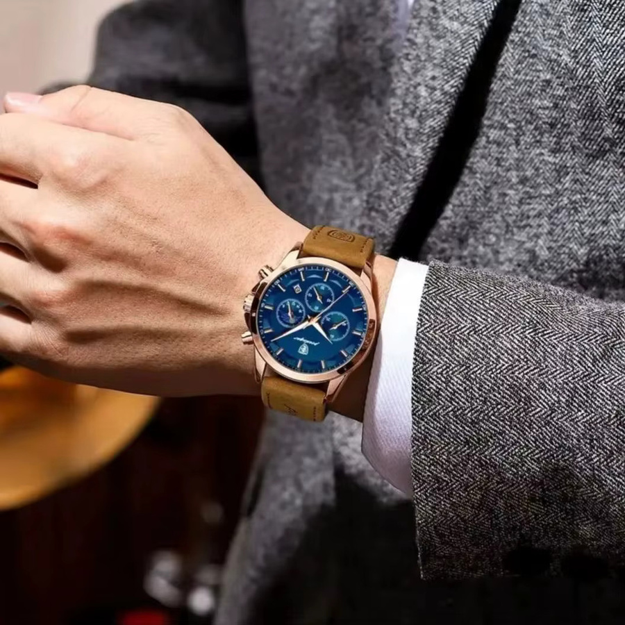 POEDAGAR Chronograph Armbanduhr, Quarz, Leder, Blau, Roségold, Herren - Bild 6