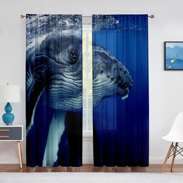 Transparenter Chiffon-Tüllvorhang mit Aquarell-Wal-Motiv in Blau, Super Six Fenstervorhang für Wohnzimmer und Schlafzimmer, Breite: 100 cm, Höhe: 250 cm - Bild 1