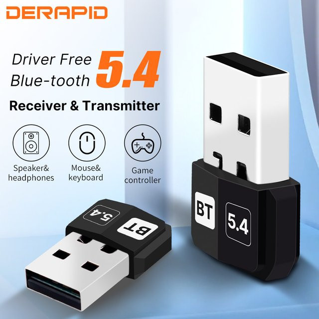 DERAPID USB Bluetooth 5.4 Adapter als Wireless Sender und Empfänger Dongle in Schwarz für Windows 10/11 - Bild 1