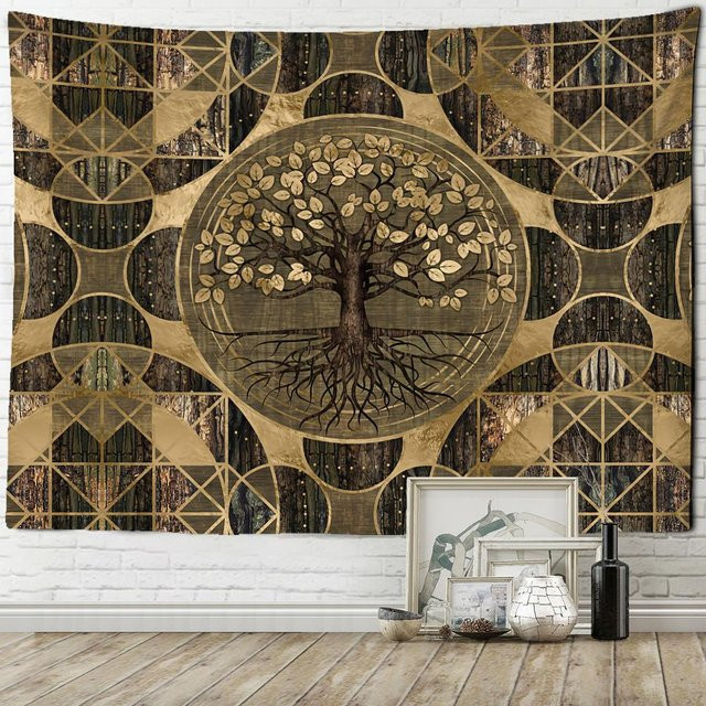 Baum des Lebens Wandteppich im Boho-Stil aus Polyester, Gold, B/H: 400 x 220 cm - Bild 1