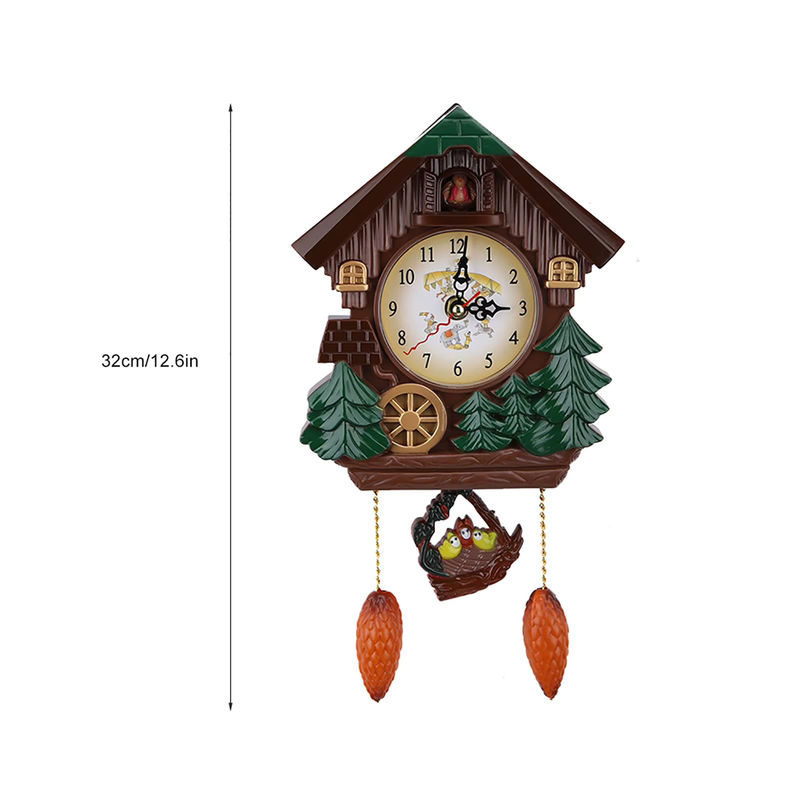 Qiilu Kuckucksuhr in Holzoptik als Vintage Wanduhr mit floralem Baum-Haus-Design in Braun - Bild 3