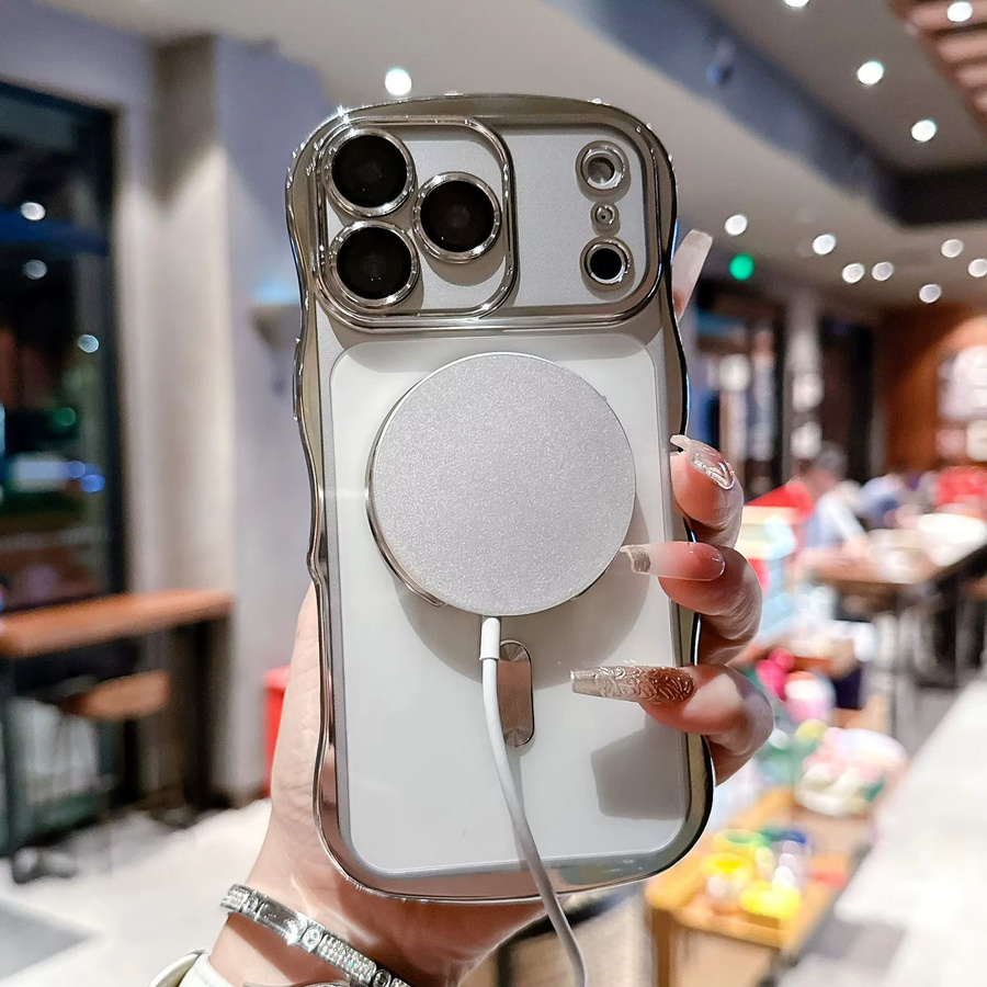 Transparente MagSafe Handyhülle mit Wellenrand aus weichem TPU für iPhone 16 15 14 13 Pro Max in Silber - Bild 3