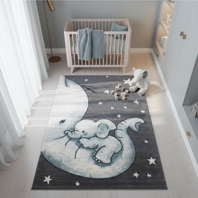 Kinderteppich TASNA von Kadima Design mit Elefanten-Motiv in Blau und Grau, B/T: 160 x 230 cm - Bild 1