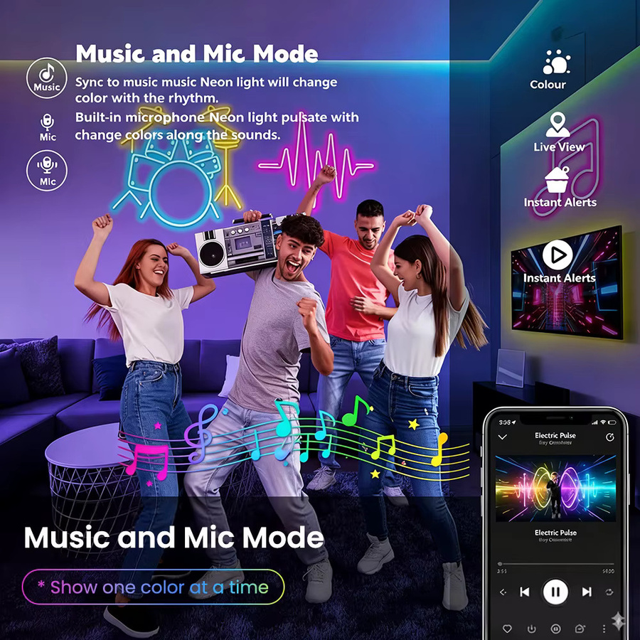 Intelligenter RGB Neon-Flex LED-Lichtstreifen in Multicolour mit Musik-Synchronisation, IP65 wasserdicht und USB-Anschluss für Party und Schlafzimmerdekoration - Bild 4