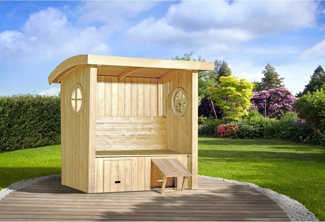 WEKA Gartenhaus Merano aus Massivholz in Beige mit Runddach und Vordach, B/H/T: 198 x 181 x 93 cm - Bild 1