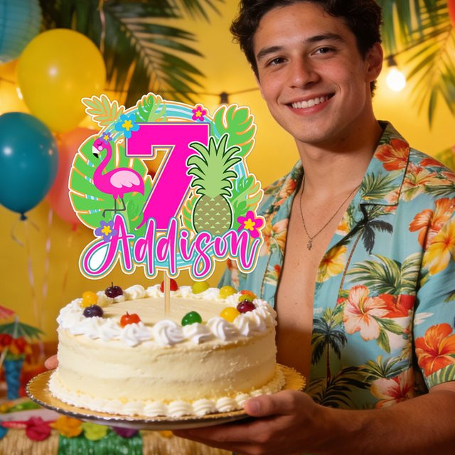 Personalisierte Flamingo Kuchendekoration mit Name und Alter für deine Hawaii-Themenparty, Multicolor, joy-enlife - Bild 1