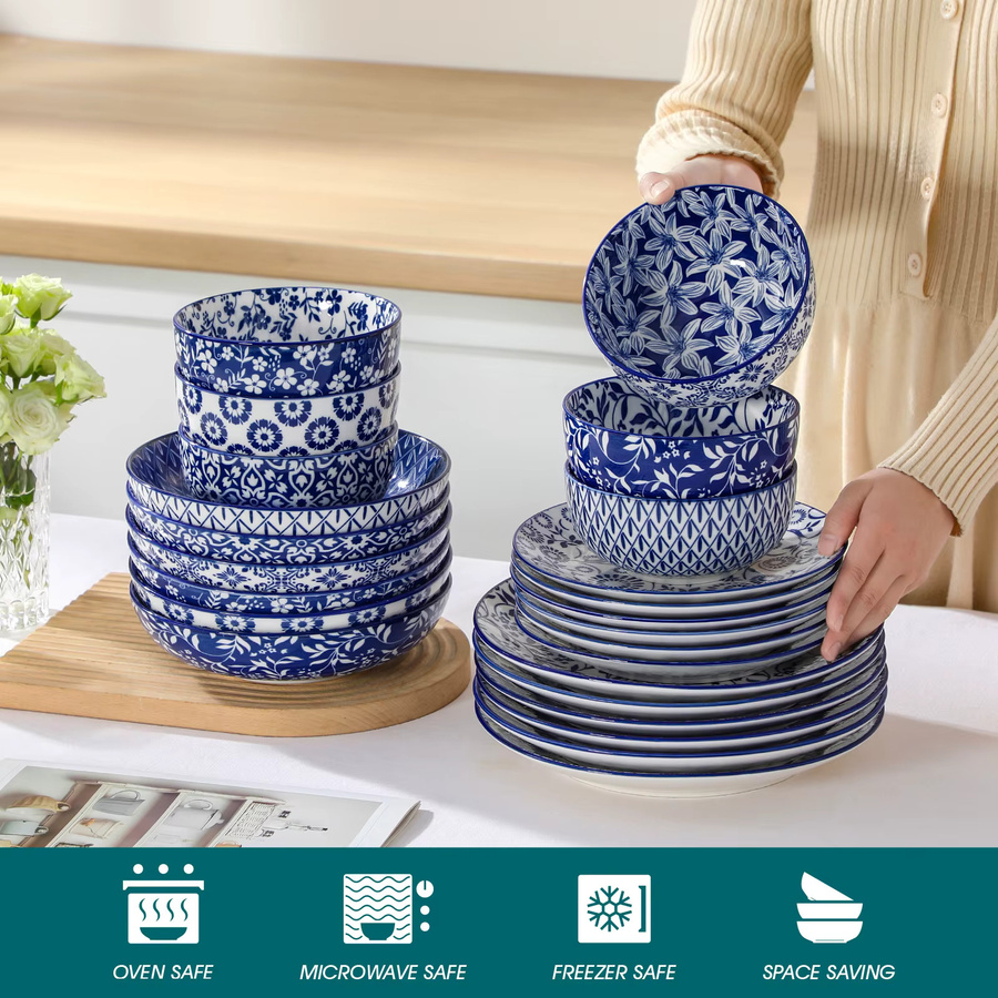 Vancasso 24-teiliges Porzellan-Geschirrset in Blau-Weiß mit floralem Design für 6 Personen - Bild 2