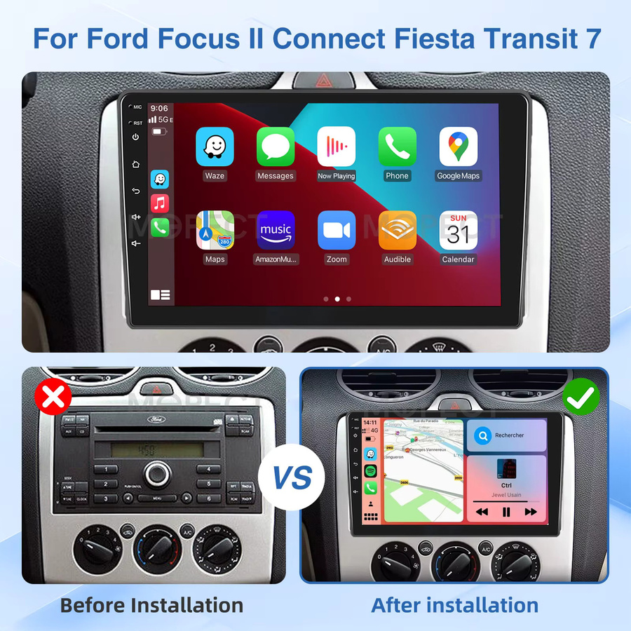 MOPECT 9-Zoll Android 15 Autoradio mit 4+128GB für Ford Transit MK7 2007-2014 und Ford Focus 2005-2008 inklusive Carplay, GPS, Bluetooth, DAB und AHD Kamera in Schwarz - Bild 2