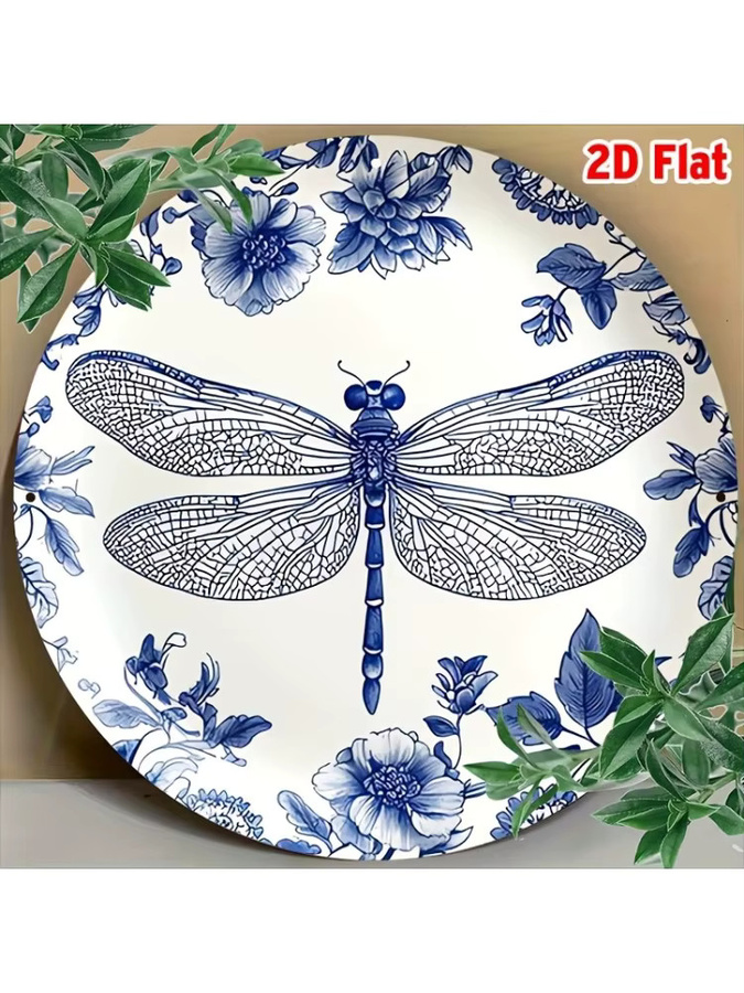 Potdemiel Rundes Wanddekor aus Metall mit Libellen- und Blumenmuster in Blau und Weiß, Durchmesser: 20,3 cm - Bild 6