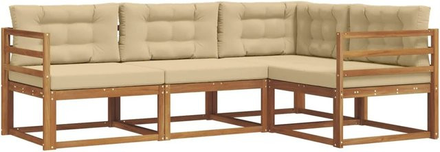 vidaXL Outdoor-Sofagarnitur aus massivem Akazienholz in L-Form, 4-teiliges Set mit Kissen in Natur und Beige - Bild 1