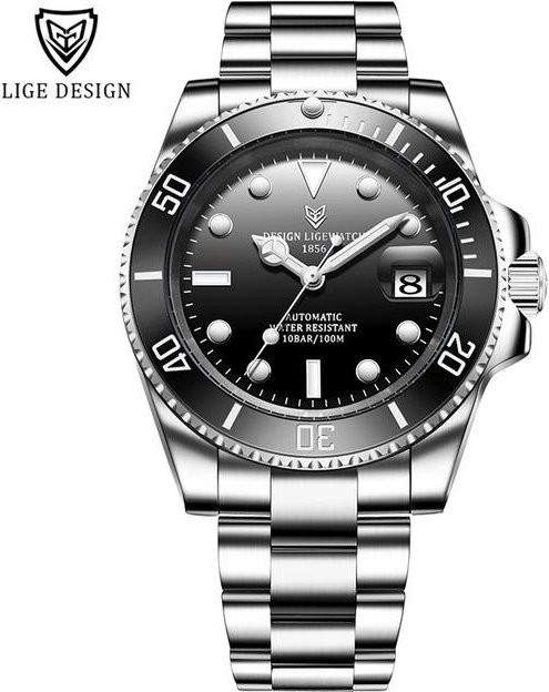LIGE Armbanduhr Automatik, Edelstahl, Schwarz/Silber, Herren, 100 ATM - Bild 1