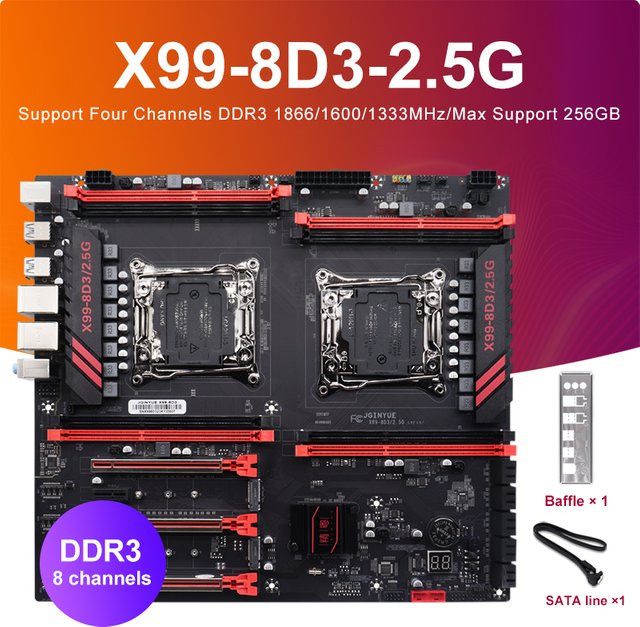 X99-8D3/2.5G Dual CPU E-ATX Motherboard mit LGA 2011 V3 Slot, unterstützt Xeon Prozessoren, DDR3, M.2 NVMe, USB-C und SATA3, Schwarz - Bild 1