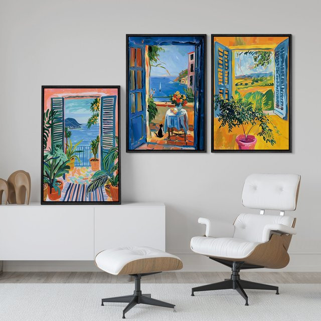 Abstrakte mediterrane Fensterlandschaft Leinwandgemälde von Potdemiel im modernen Boho-Stil, mehrfarbiges Kunstposter für deine Heimdekoration - Bild 1