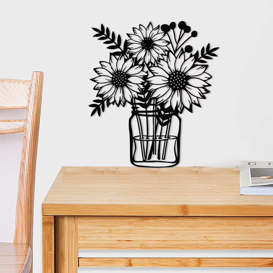 DDPNKL Sonnenblumen-Wanddekoration aus Metall in Schwarz als florale Wandskulptur für Innenräume - Bild 3