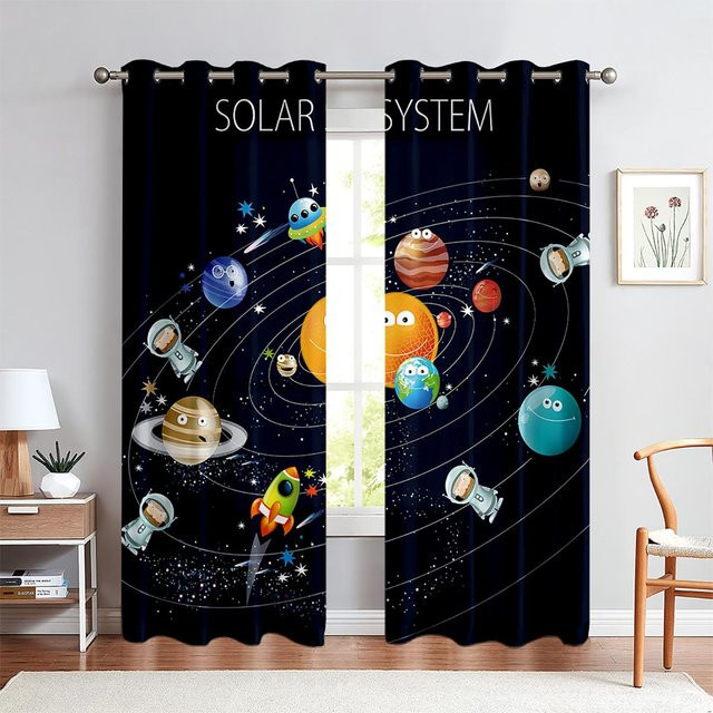 Yiran Furniture Astronaut Sternenhimmel und Raketen Vorhänge für Kinder, 2er-Set, Mehrfarbig, B: 50 cm, H: 130 cm - Bild 1