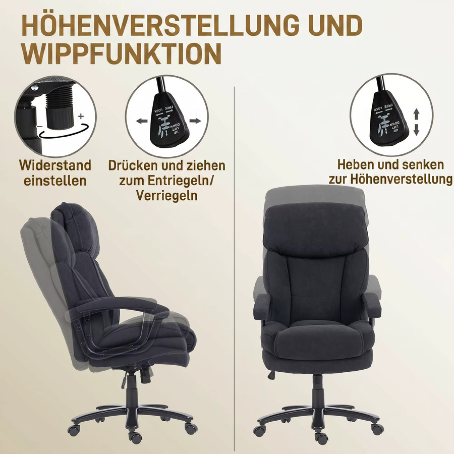 HOMCOM Chefsessel Bürostuhl in Schwarz mit Samtoptik, ergonomischer Schreibtischstuhl mit hoher Rückenlehne, höhenverstellbar und wippbar, belastbar bis 200 kg - Bild 5