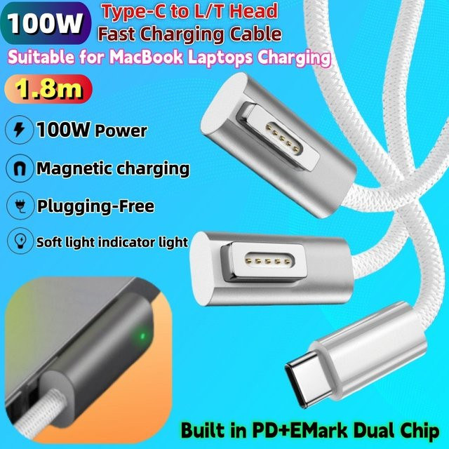 VRG USB-C auf MagSafe 1/2 Magnetischer Ladeadapter mit 100 W PD Schnellladefunktion, 1,8 m Kabellänge für MacBook und USB-C Geräte - Bild 1