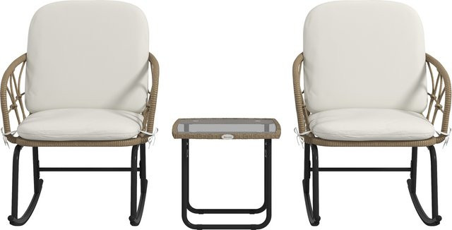 Outsunny 3-tlg. Rattan Schaukelstuhl-Set mit 2 Schaukelstühlen und 1 Couchtisch in Beige und Gelb im Boho-Chic mit Kissen und Armlehnen - Bild 1