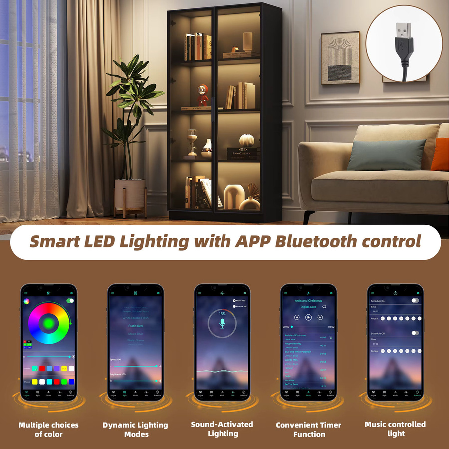 Okwish 2-türige Vitrine in Schwarz mit APP-gesteuerter LED-Beleuchtung und Glastüren - Bild 5