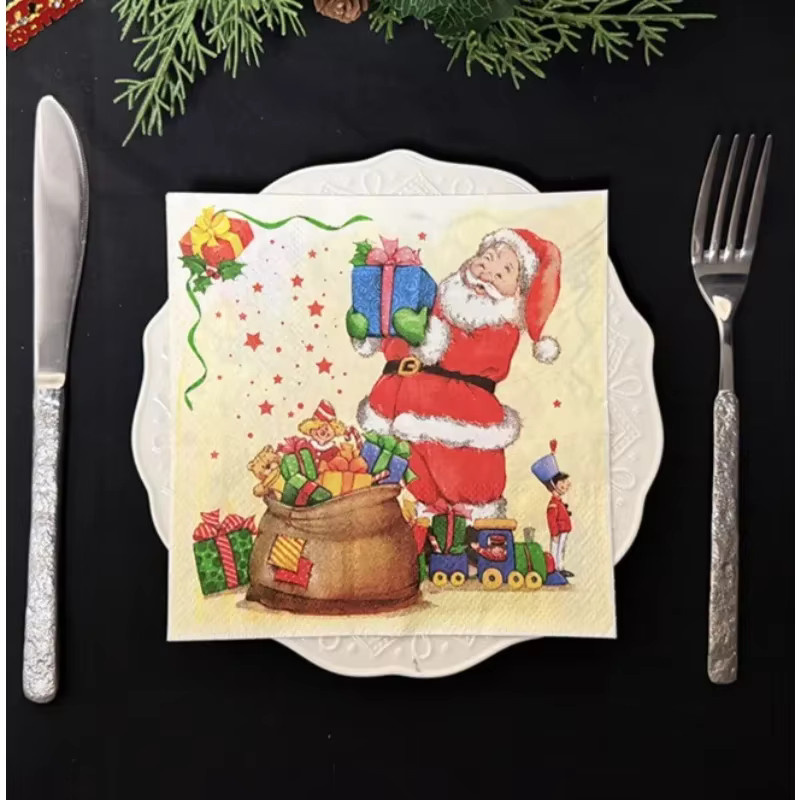 GUANYAO Weihnachtsservietten mit Santa Claus, Glocken, Kranz und Tannenzapfen Motiv, 2-lagig, 20 Stück, Multicolour - Bild 3