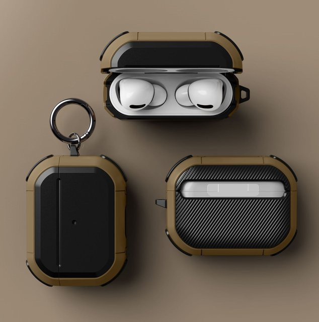 Silikon Schutzhülle für Apple AirPods Pro 2 und AirPods Pro 3 mit Schlüsselbund in Grün und Braun - Bild 1