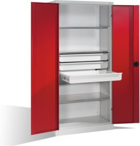C+P Schwerlastschrank mit Drehtüren, 3 Böden und 3 Schubladen, Front Rubinrot, Korpus Lichtgrau, H x B x T: 195 x 93 x 50 cm - Bild 1