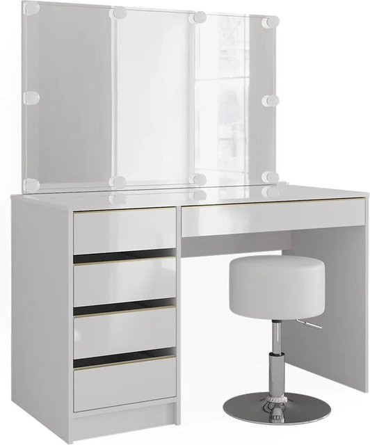 Vicco Schminktisch Sherry Weiß Hochglanz Gold mit LED-Spiegel, Hocker und 5 Schubladen, B: 120 cm, T: 75 cm, H: 75 cm - Bild 2