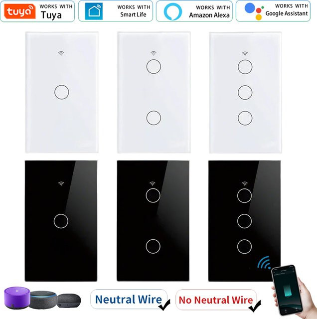 Tuya GGBEE Smart-Lichtschalter WiFi Wand-Touchschalter aus Glas in Weiß, kompatibel mit Alexa und Google Assistant, US-Standard, mit oder ohne Neutralleiter - Bild 1