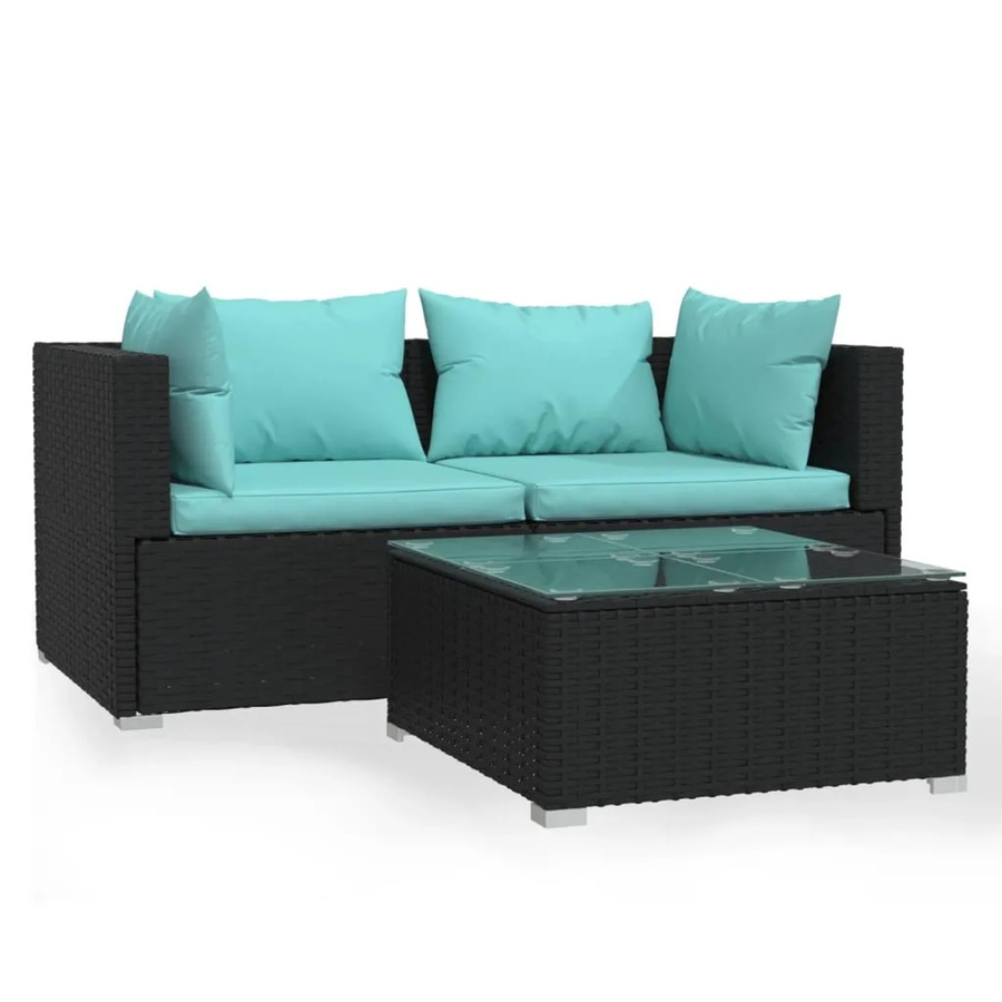 vidaXL 3-tlg Garten-Lounge-Set aus Poly-Rattan in Schwarz mit Kissen und Couchtisch - Bild 2