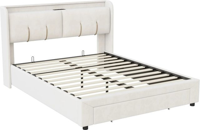 PXloue Polsterbett mit Stauraum und USB-Ladestation in Weiß, Samt, B/T/H: 140 x 200 x 110 cm - Bild 1