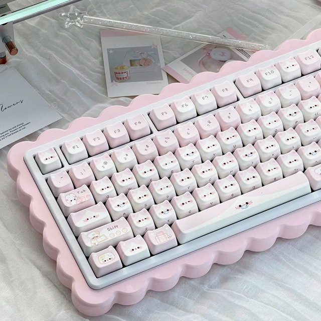 MAIMOOO Berry Meow Katzenkopf Tastenkappen im MAO-Profil aus PBT für mechanische Tastaturen, Rosa - Bild 1
