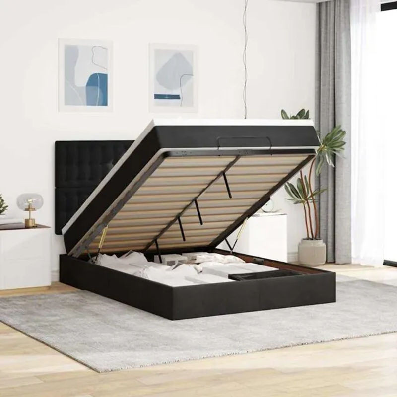 Vidaxl Ottoman Polsterbett mit Matratzen und LED in Schwarz aus Samt, B/T/H: 140 x 200 x 128 cm - Bild 1