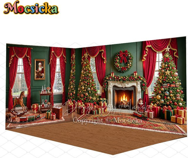 Mocsicka Vintage Weihnachts-Fotohintergrund in Rot und Grün mit Kamin, Weihnachtsbaum und Geschenken - Bild 1