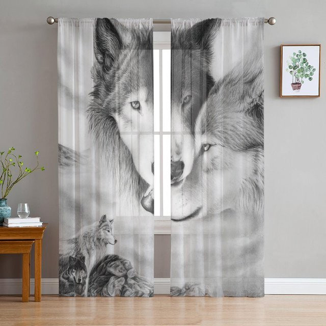 Super Six Wolf Wald Tier Tüll Vorhang aus Chiffon in Grau, B: 135 cm, H: 114 cm - Bild 1