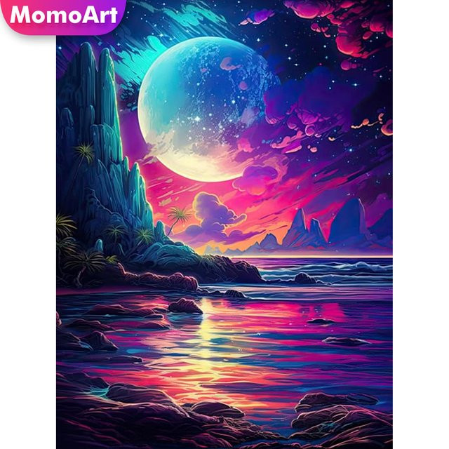 Momoart Diamant-Stickerei DIY Mond und Meer Landschaftsmosaik in Multicolour, Durchmesser: 20 cm - Bild 1