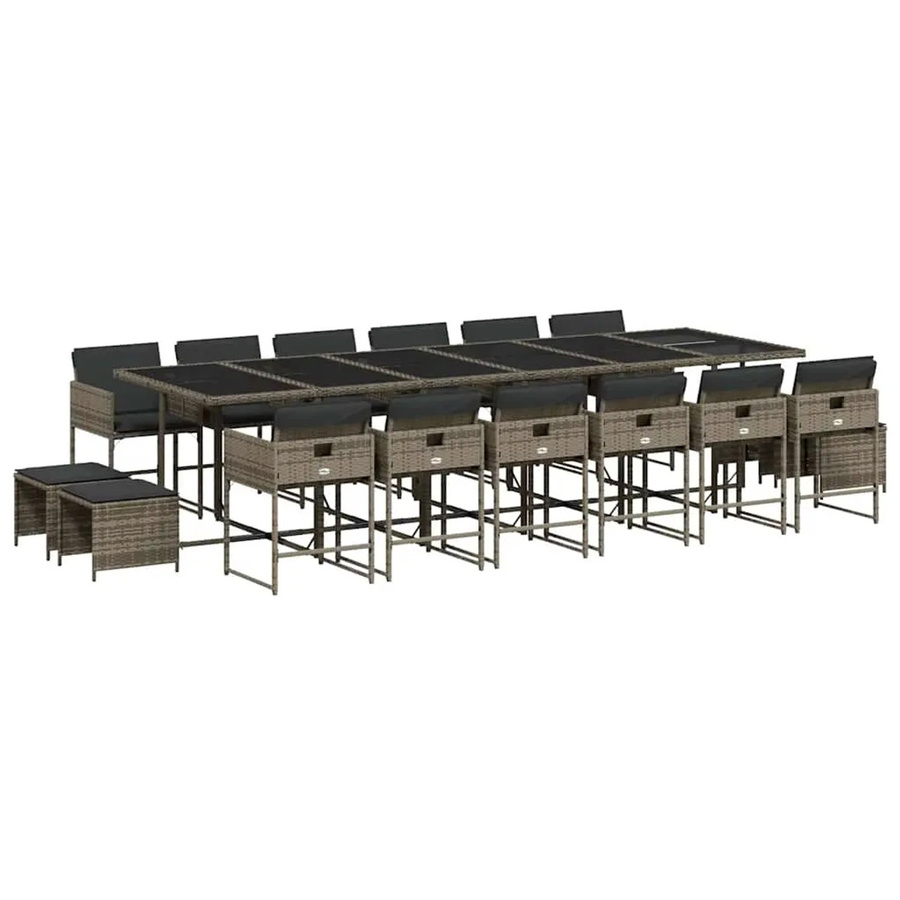 vidaXL 17-teilige Garten-Essgruppe aus grauem Poly-Rattan mit Kissen und Hartglas-Tischplatte - Bild 2